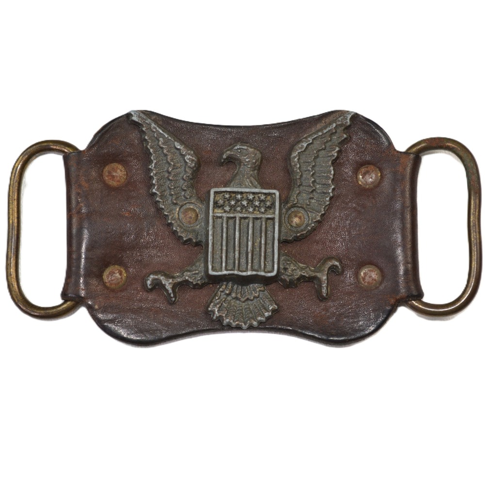 Vintage US Eagle Shield Leather Belt Buckle Americana Western Brown Distressed